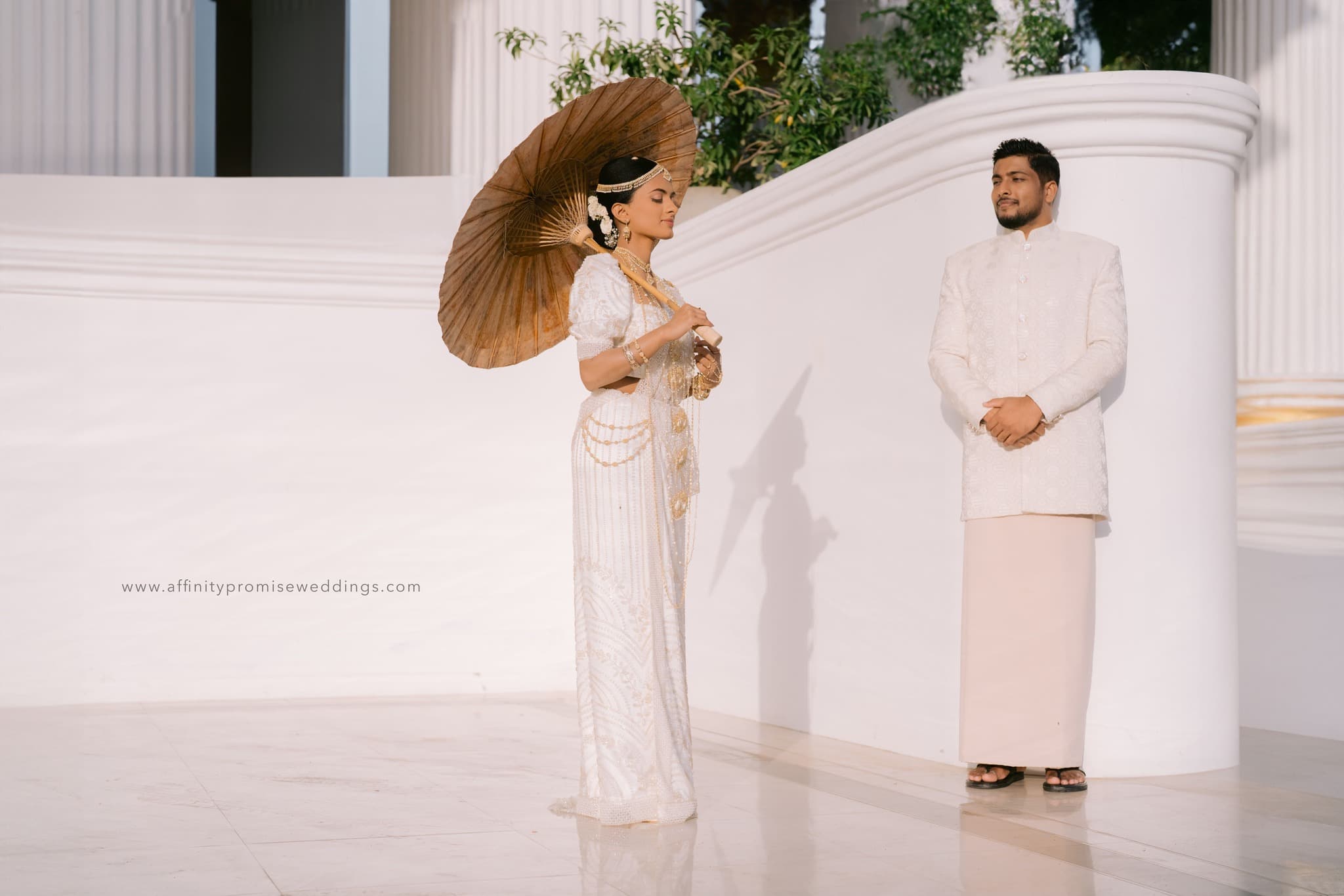 Elegant wedding couple at golden hour