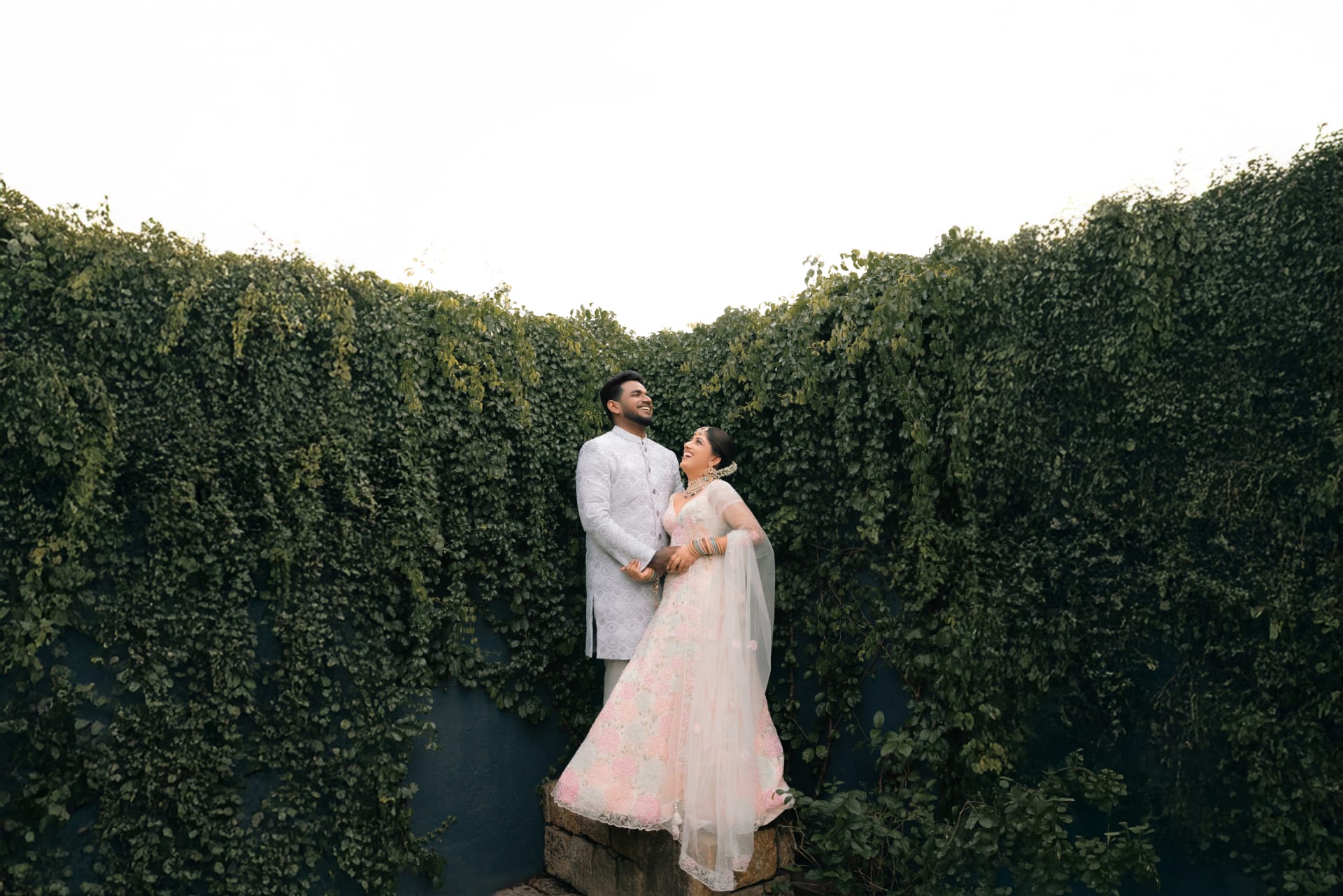 Elegant wedding couple at golden hour